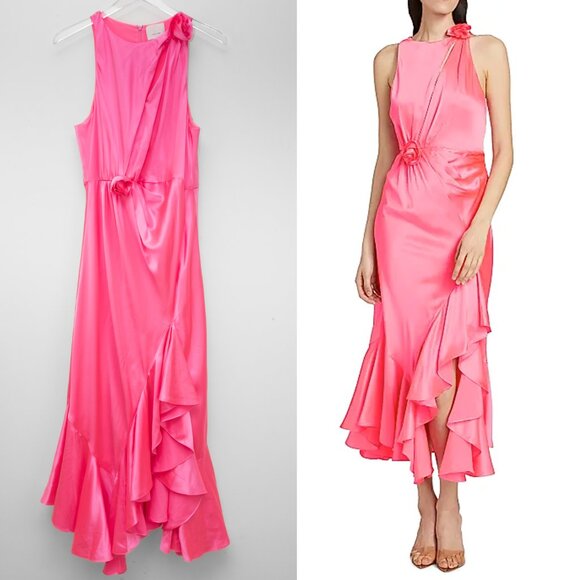 Cinq à Sept Cates Asymmetric Silk Dress Sleeveless Ruffle Trim Midi Pink Size 12 - Picture 1 of 7